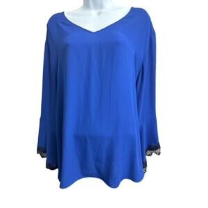 C Est 1946 Top 22/24W Royal Blue Polyester Long Bell Sleeves Black Lace V-Neck